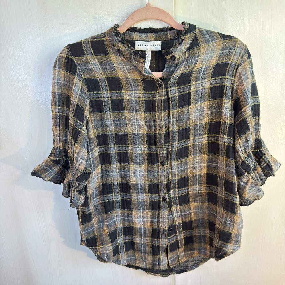 Apiece Apart Gold Stripe Plaid Top